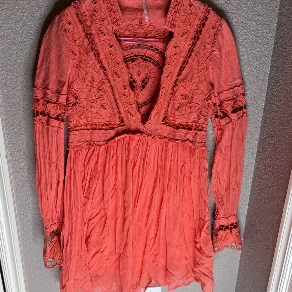 Free People Coral Embroidered Tunic